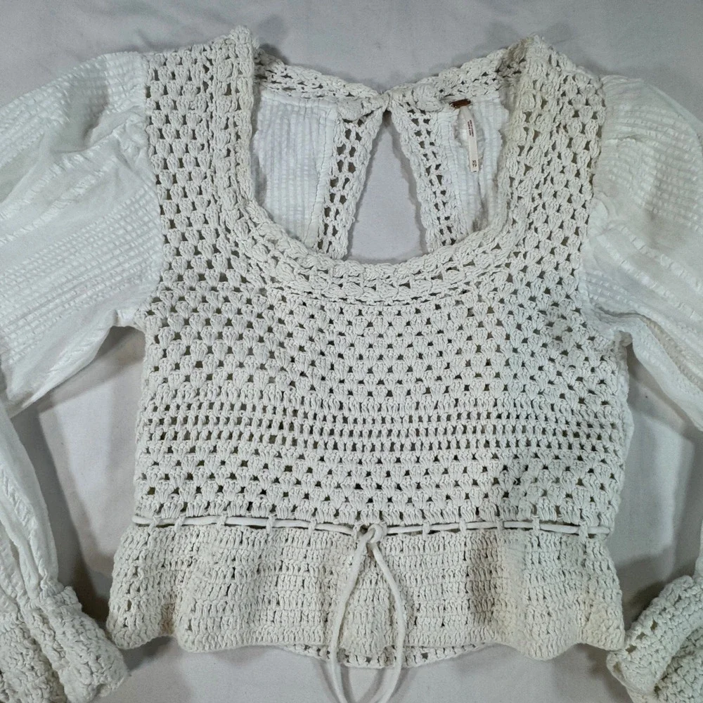 Free People Megan Crochet Top Size XS Ivory Puff Sleeves Open Back Boho Whimsy